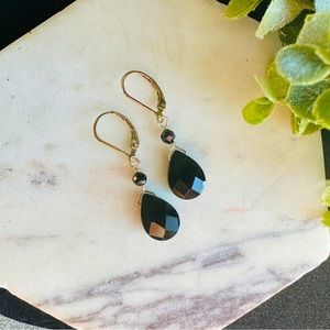 Black Tourmaline Earrings 14k gold Lever Back Natural Gemstone